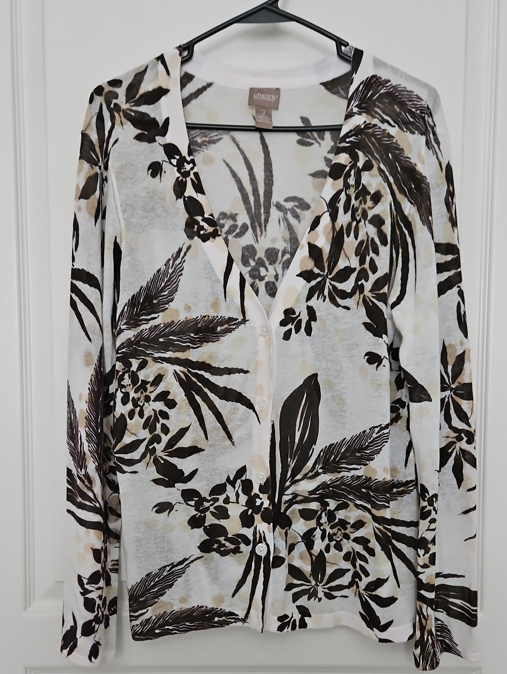 Chico's Brown & White Floral Button-Down Cardigan, Medium